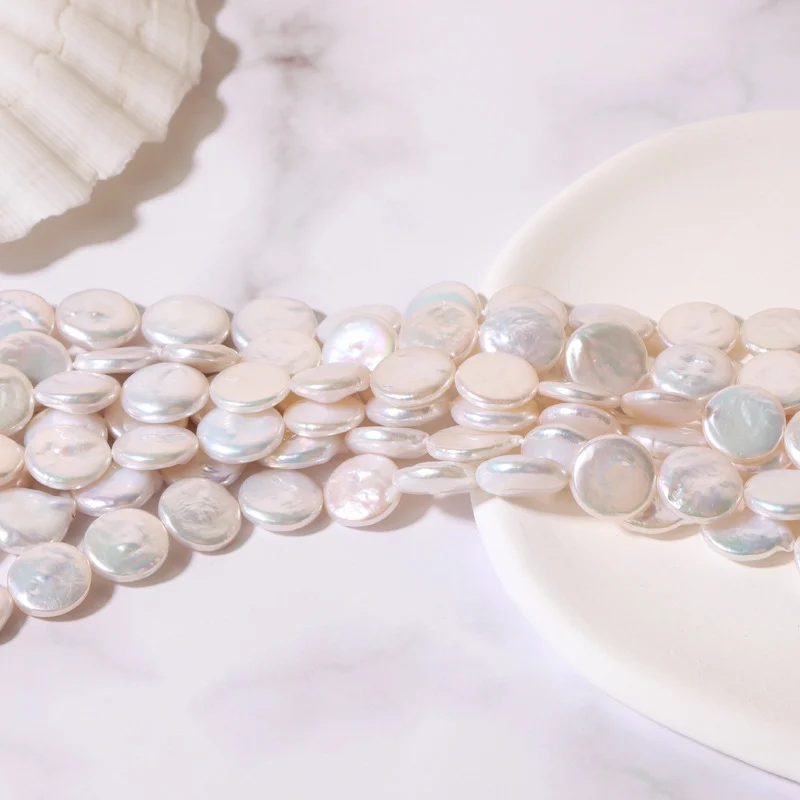 Iridescent High-Luster Minimal-Blemish Button-Shaped Freshwater Baroque Pearl Strand