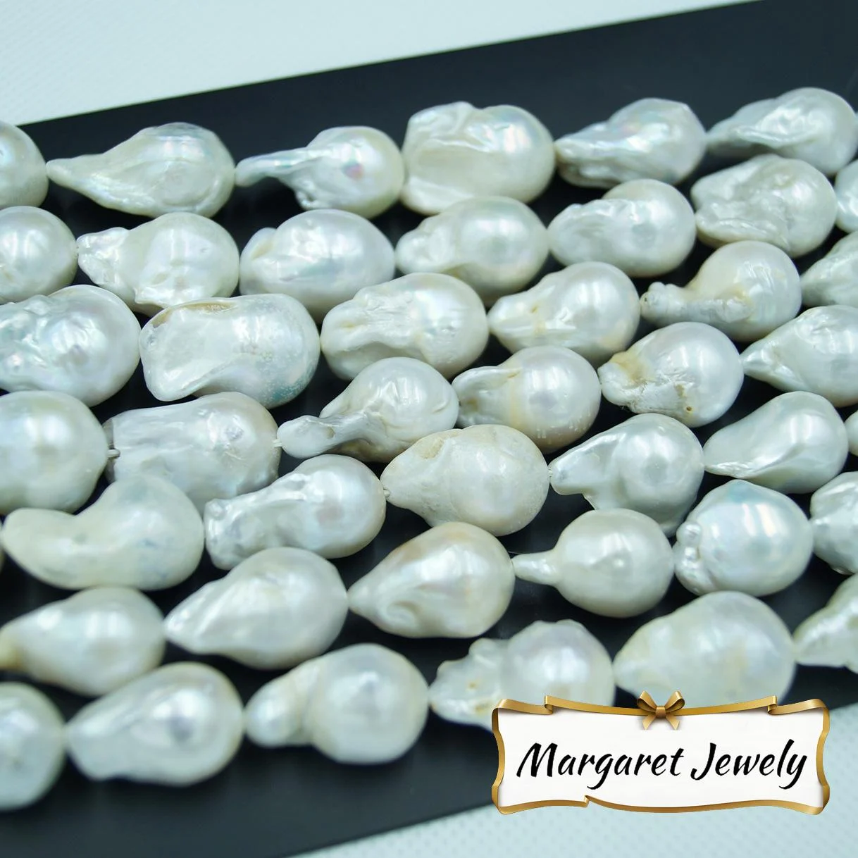 Iridescent White High-Luster Textured Organic Freshwater Baroque Pearl Strand