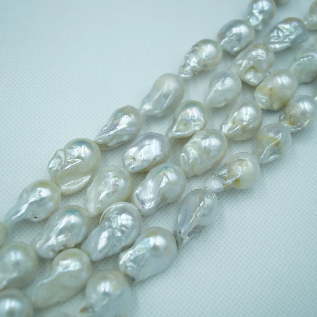 Iridescent White High-Luster Textured Organic Freshwater Baroque Pearl Strand