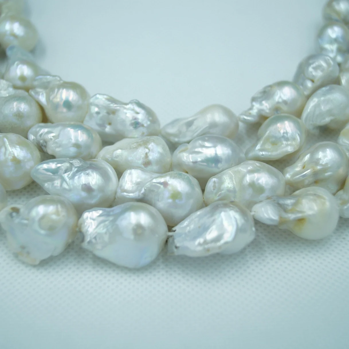 Iridescent White High-Luster Textured Organic Freshwater Baroque Pearl Strand