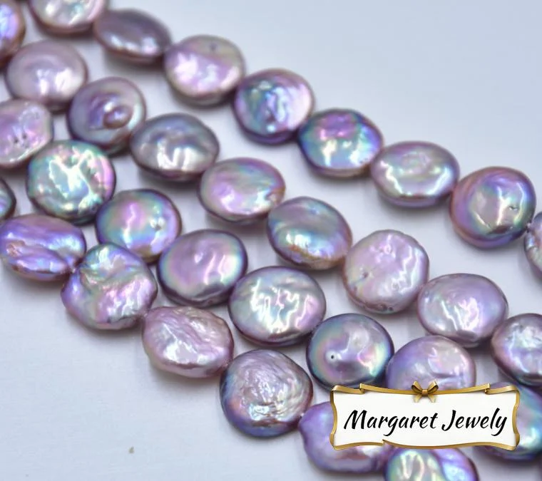 Iridescent High-Luster Lightly Blemished Button-Shaped Freshwater Baroque Pearl Strand