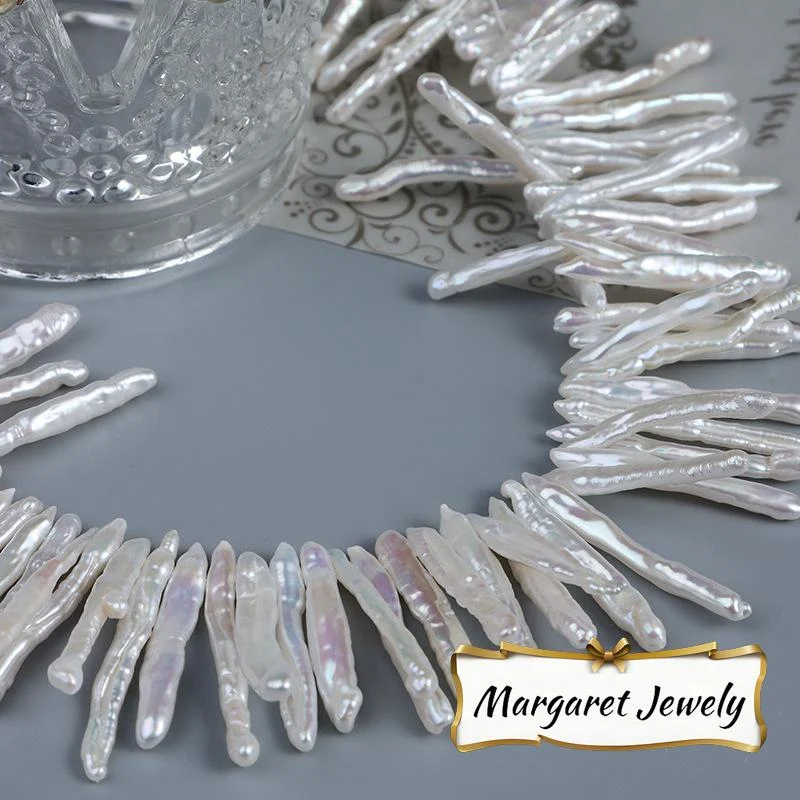 High-Luster Lightly Blemished Thread-Textured Offset-Drilled Toothpick-Shaped Freshwater Baroque Pearl Strand