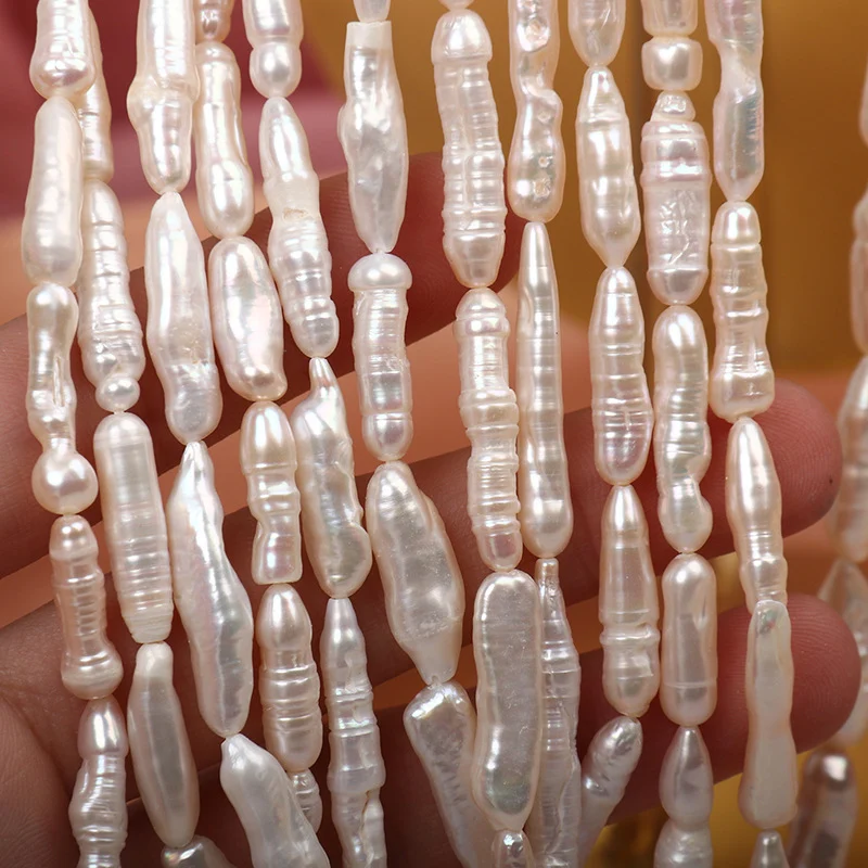 High-Luster Thread-Textured Toothpick-Shaped Freshwater Baroque Pearl Strand