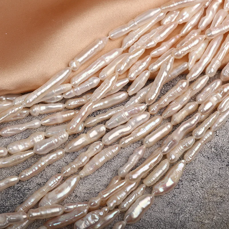High-Luster Thread-Textured Toothpick-Shaped Freshwater Baroque Pearl Strand