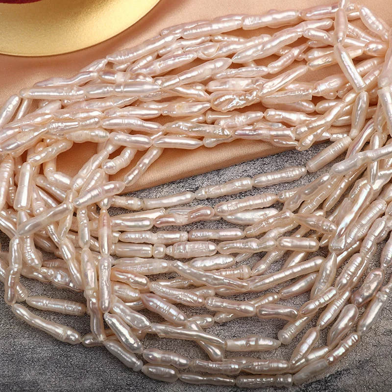 High-Luster Thread-Textured Toothpick-Shaped Freshwater Baroque Pearl Strand