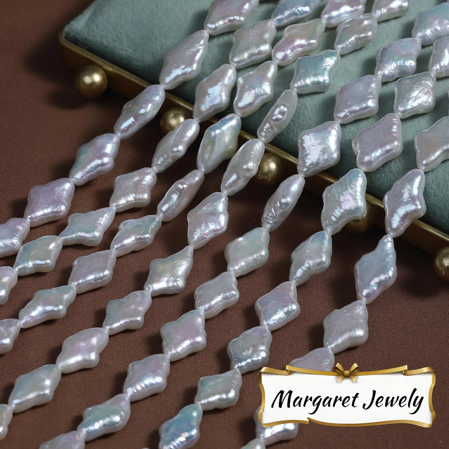 Cool-Toned Iridescent Textured Diamond-Shaped Freshwater Baroque Pearl Strand