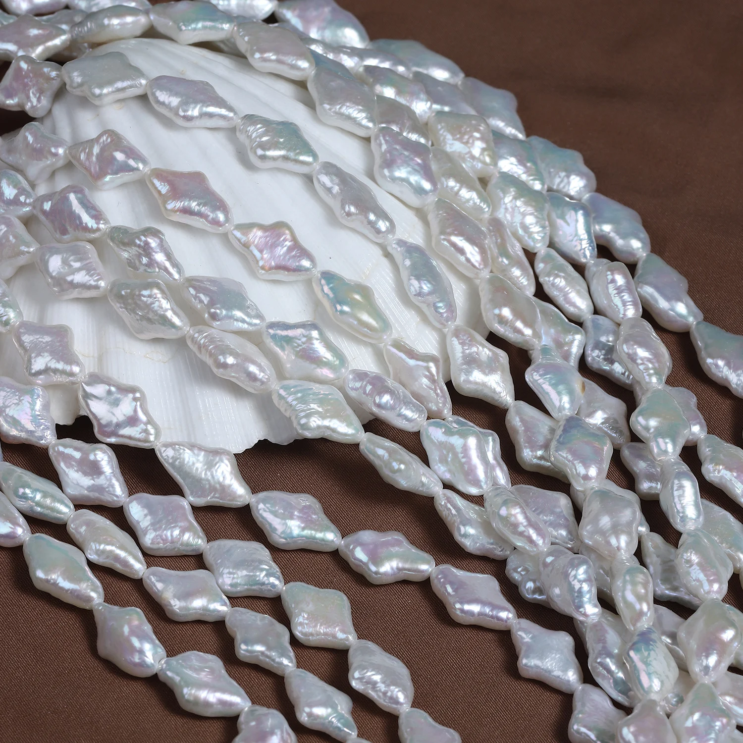 Cool-Toned Iridescent Textured Diamond-Shaped Freshwater Baroque Pearl Strand
