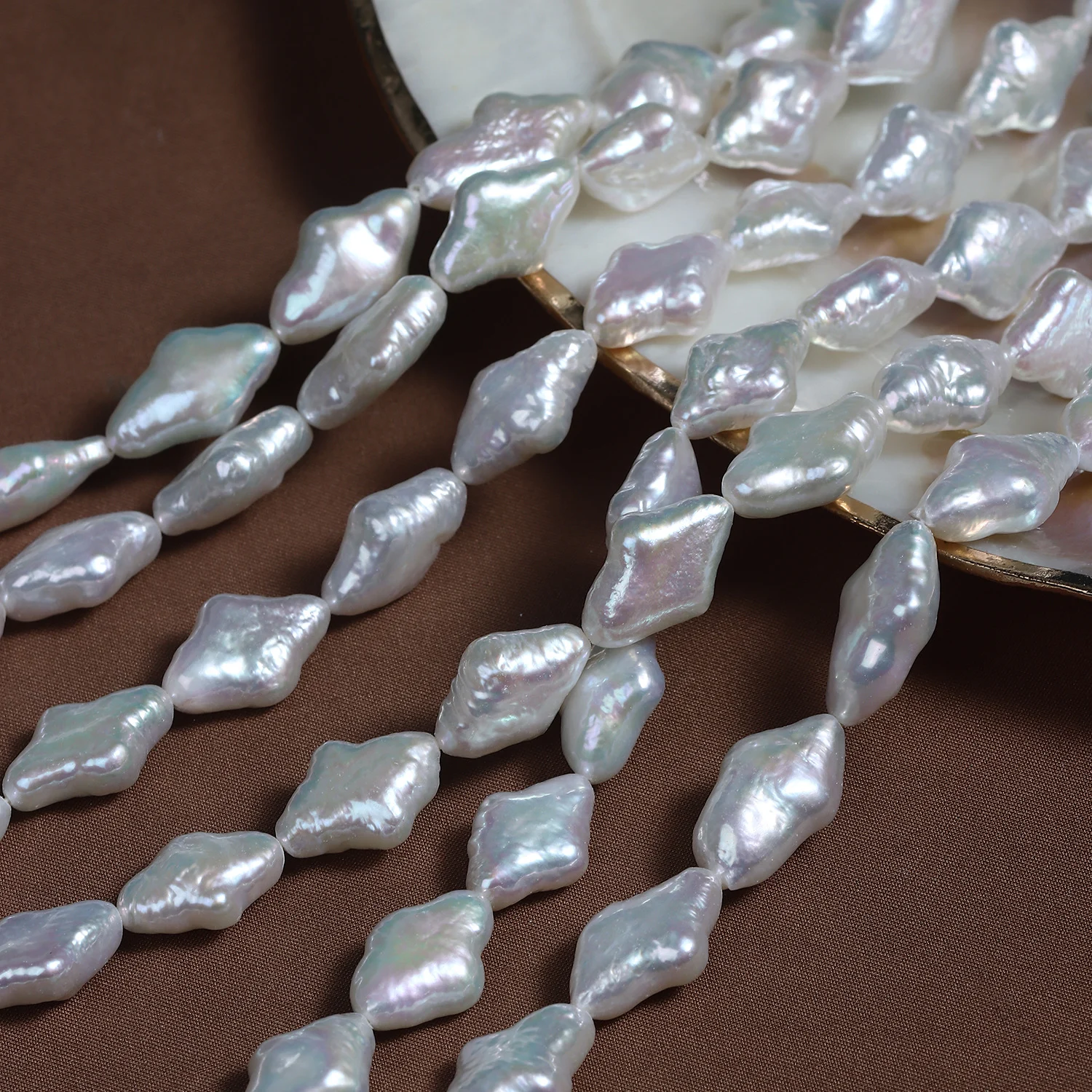Cool-Toned Iridescent Textured Diamond-Shaped Freshwater Baroque Pearl Strand