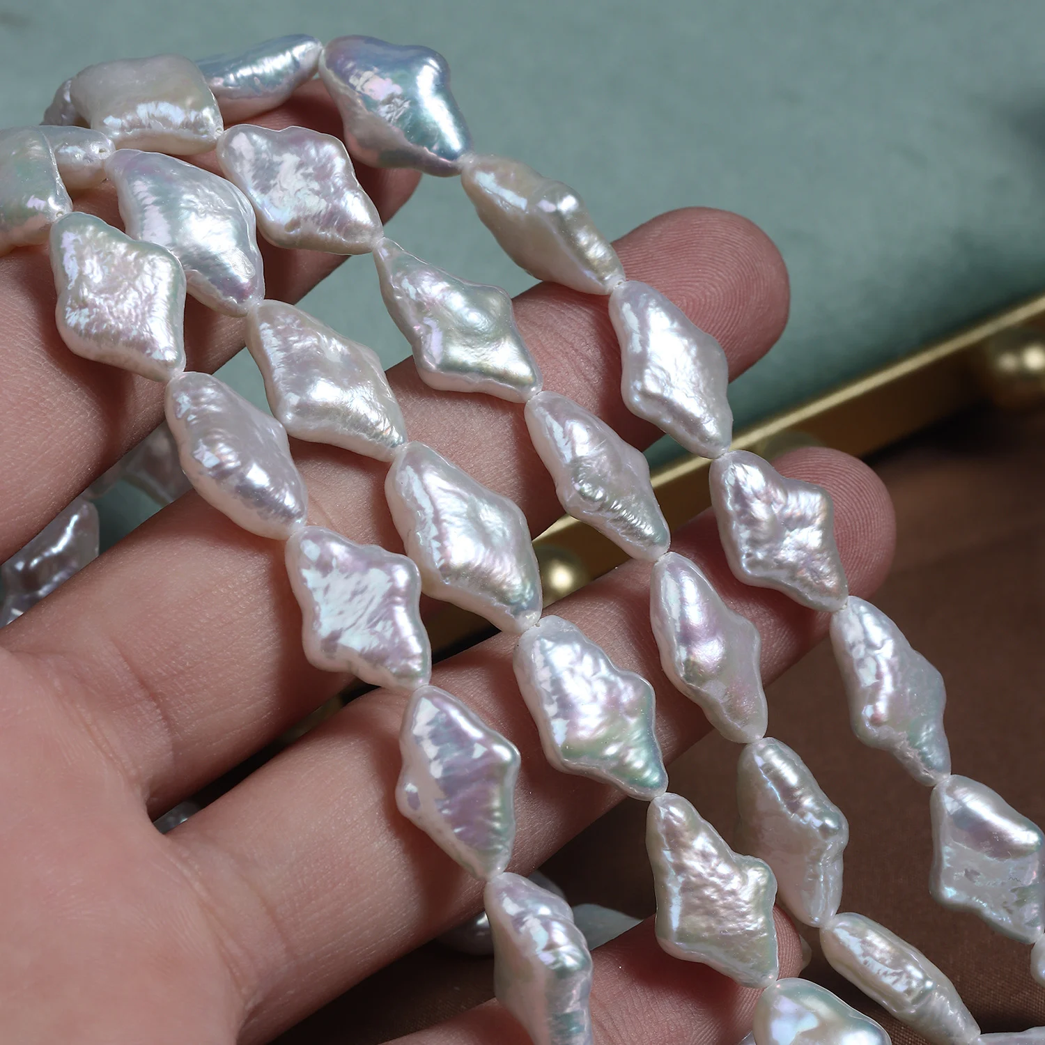Cool-Toned Iridescent Textured Diamond-Shaped Freshwater Baroque Pearl Strand