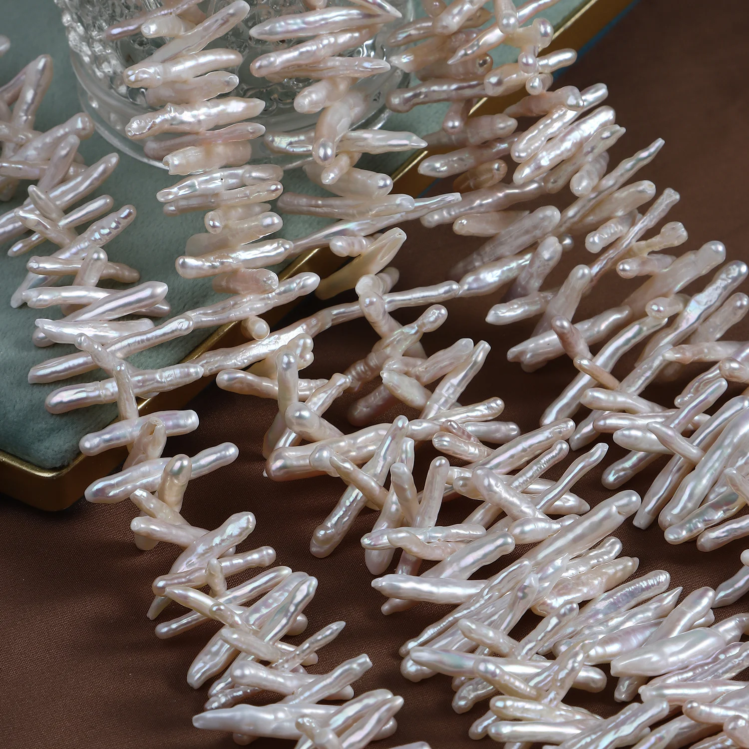 Strong-Luster Lightly Blemished Toothpick-Shaped Horizontal-Drilled Freshwater Baroque Pearl Strand