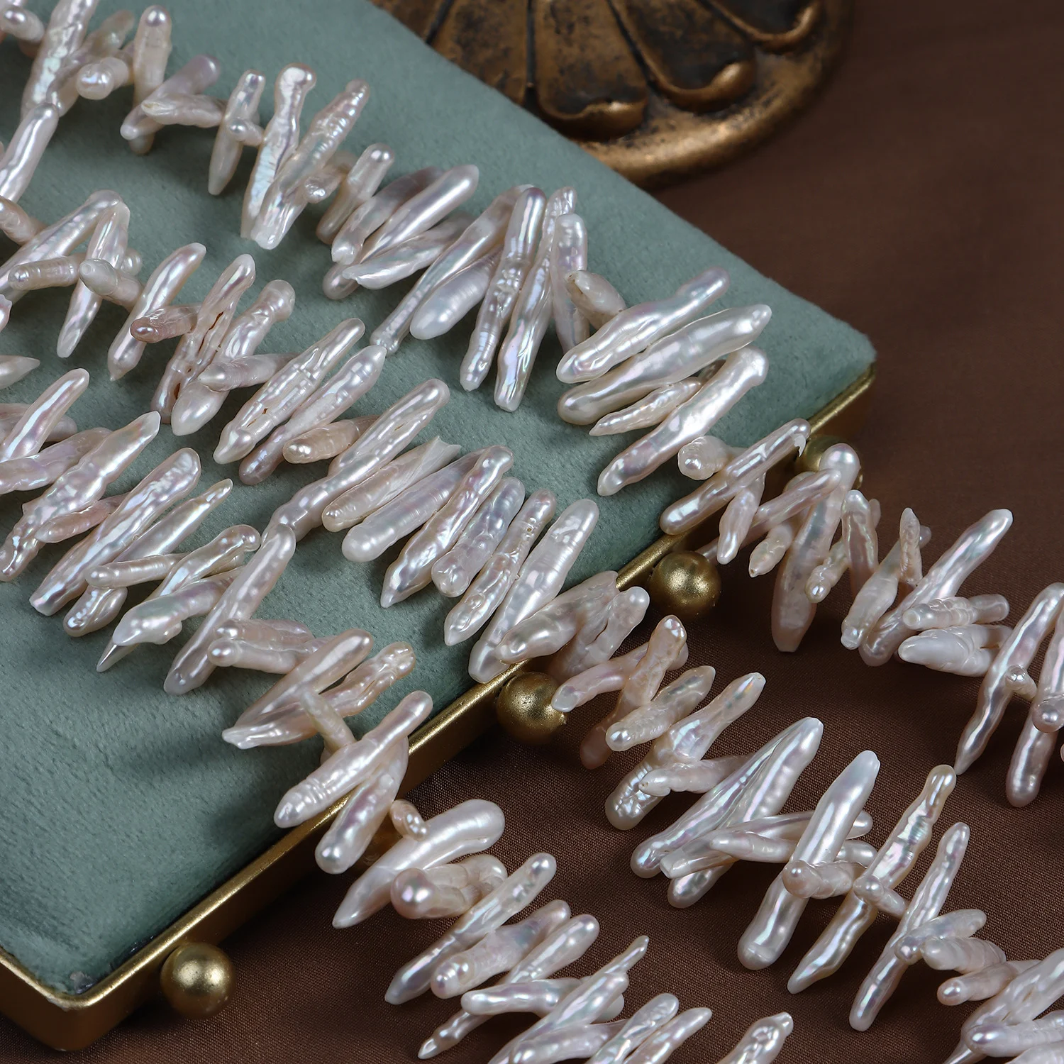 Strong-Luster Lightly Blemished Toothpick-Shaped Horizontal-Drilled Freshwater Baroque Pearl Strand