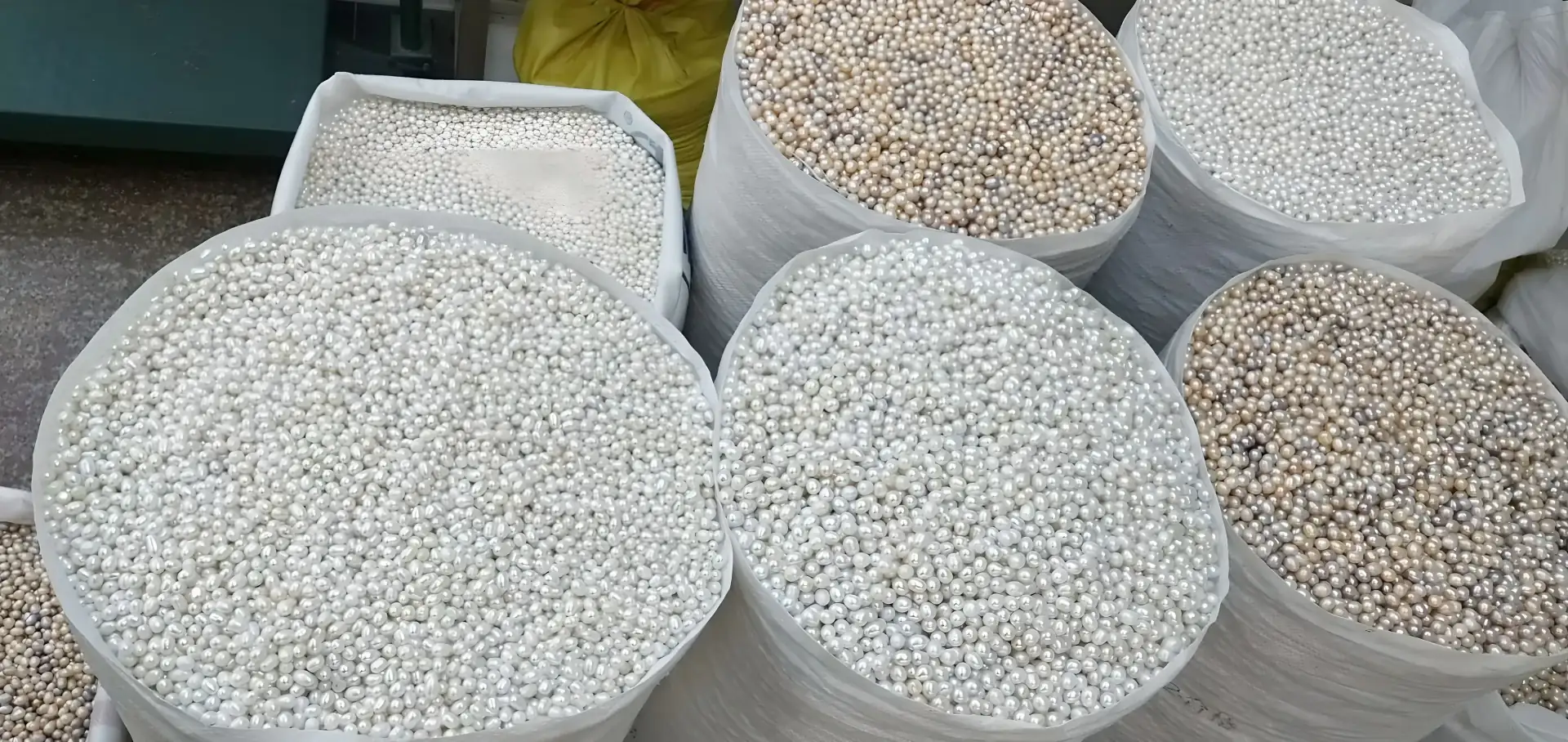 Freshwater pearls sorted into workshop bins