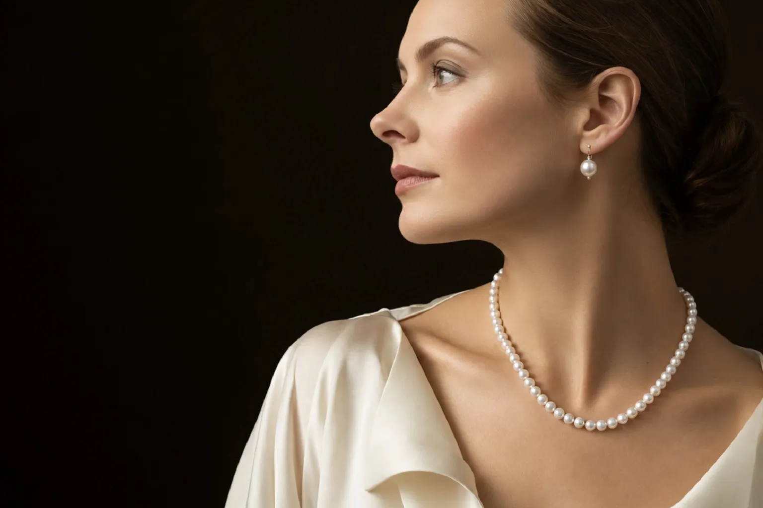 Pearl jewelry worn with a silk blouse