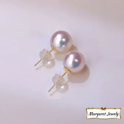 Akoya Pearl Stud Earrings in 18K Yellow Gold, Hanadama-Grade Light Bulb Pearls with Excellent Luster
