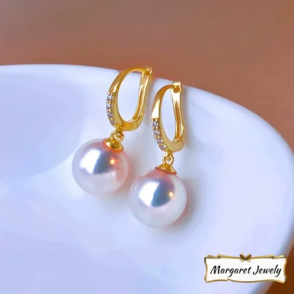 Akoya Pearl Hoop and Stud Earrings in 18K Gold with Cubic Zirconia, Round Hanadama Pearls