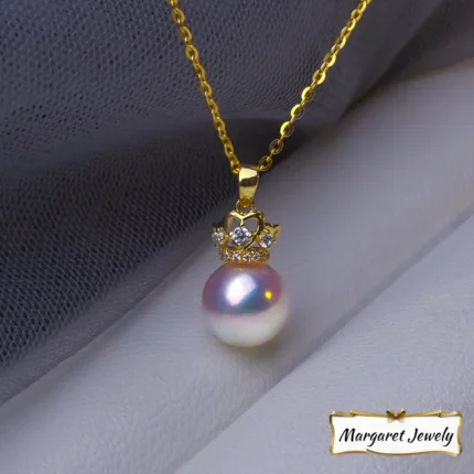 18K Gold Diamond-Accented Akoya Round Pearl Pendant Choker, Hanadama-Grade