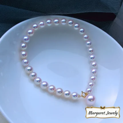 Akoya Pearl Bracelet in 18K Gold, Excellent Luster White Pearls with Pink Overtone, Gift for Girlfriend