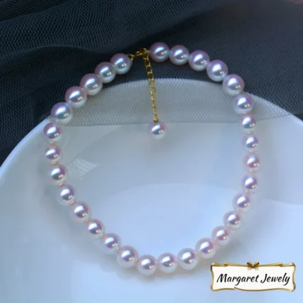 Akoya Pearl Bracelet in 18K Yellow Gold, Excellent Luster Round Baby Pearls, White with Pink Overtone