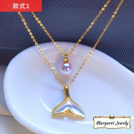 Akoya Pearl Pendant Choker in 18K Gold with Mermaid Tail Charm, Romantic Design