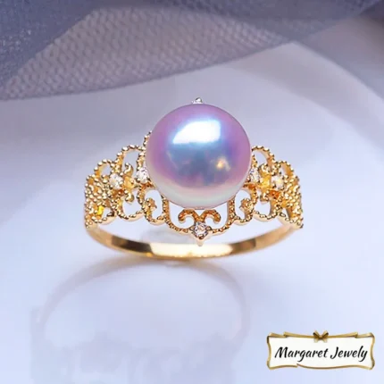 Akoya Round Pearl Lace-Pattern Openwork Ring in 18K Gold, Hanadama-Grade