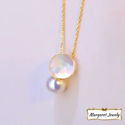 Akoya Round Pearl Pendant Necklace, Hanadama-Grade with Excellent Luster, 18K Yellow Gold Mother-of-Pearl Setting