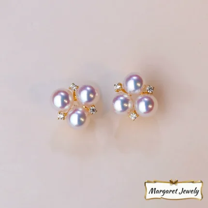 Akoya Triple-Pearl Stud Earrings in 18K Gold, Round Pearls with Excellent Luster