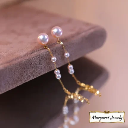 Akoya Pearl Threader Earrings in 18K Gold, Long Tassel Two-Way Design