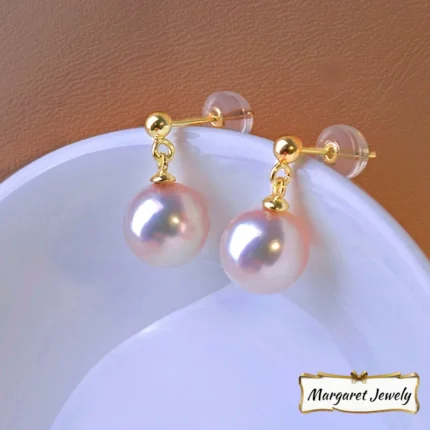 Akoya Pearl Drop Earrings in 18K Gold, Round Hanadama Pearls with Excellent Luster