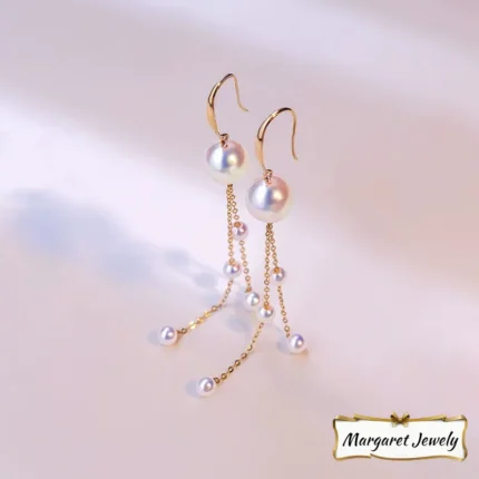 Akoya 7-8mm Pearl Long Tassel Hook and Threader Earrings in 18K Gold, Excellent Luster