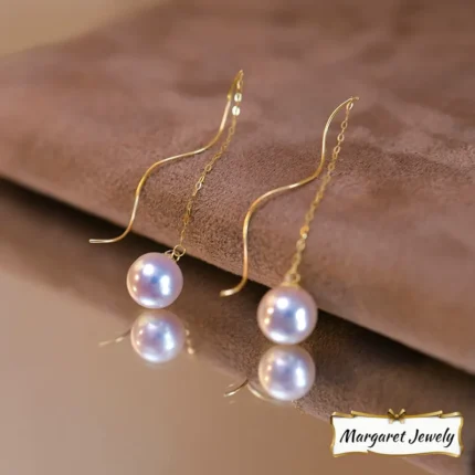 Akoya Pearl Threader Earrings in 18K Gold, Round Hanadama Pearls with Excellent Luster