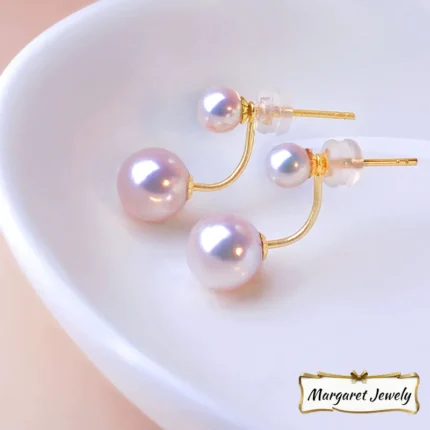 Akoya Double-Pearl Stud Earrings in 18K Gold with Excellent Luster