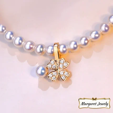 Akoya Baby Pearl Pendant Necklace with Universal Clasp and Four-Leaf Clover Charm, 18K Yellow Gold