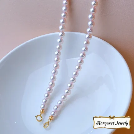 18K Gold Akoya Pearl Necklace with Baby Light Bulb Pearls, Aurora Luster, Round