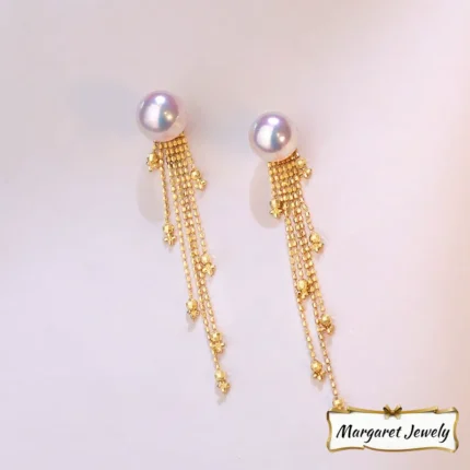 18K Gold Akoya Pearl Long Tassel Light Bulb Earrings, Minimalist Boutique Design