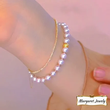 Akoya 5-5.5mm Pearl Double-Layer Bracelet in 18K Yellow Gold with Cat-Eye Gold Beads