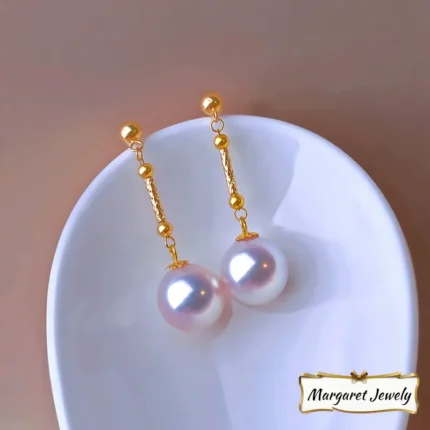 Akoya Pearl Drop Earrings in 18K Gold with Textured Detailing, Hanadama-Grade, Excellent Luster