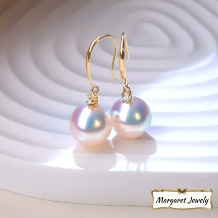 Akoya Pearl and Diamond Hook Earrings in 18K Gold, Hanadama-Grade, Excellent Luster