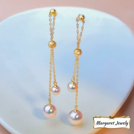 Akoya Pearl Long Tassel Earrings in 18K Gold, Hanadama-Grade with Excellent Luster