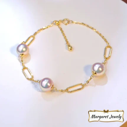 Akoya Round Pearl Bracelet in 18K Yellow Gold with Roman Chain, Excellent Luster