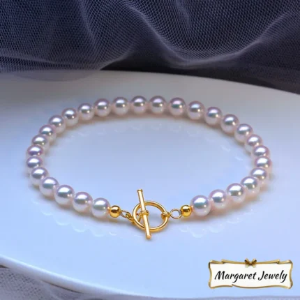 Akoya Round Pearl Bracelet in 18K Yellow Gold with OT Clasp, Excellent Luster, Feminine Style