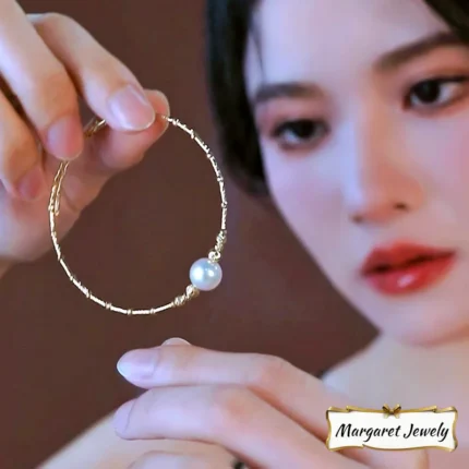 Akoya Pearl Memory Metal Bracelet in 18K Gold with Textured Beads, Excellent Luster