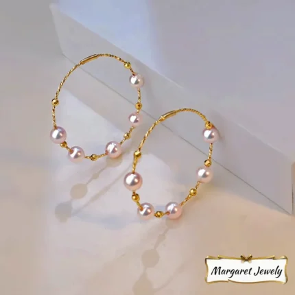 Akoya Pearl Hoop Earrings in 14K Gold, Round Pearls with Excellent Luster, Elegant Style