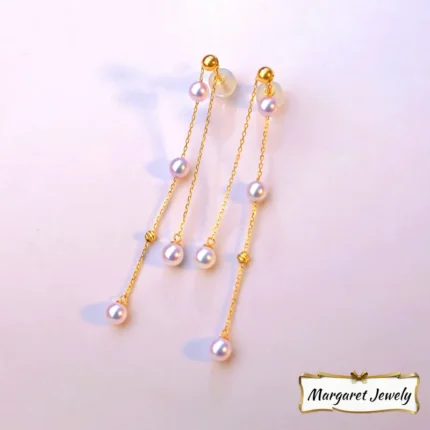 Akoya Mini Baby Pearl Tassel Earrings in 18K Gold, Excellent Luster, Unique Threader Style