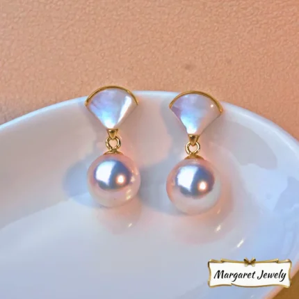 Akoya Fan-Shaped Pearl Stud Earrings in 18K Gold, Hanadama-Grade, Refined Design