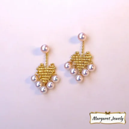 Akoya Multi-Pearl Mini Stud Earrings in 18K Gold, Round Pearls with Aurora Luster