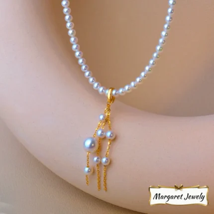 Akoya Pearl Tassel Pendant Necklace with Universal Clasp in 18K Gold, Versatile Elegant Style