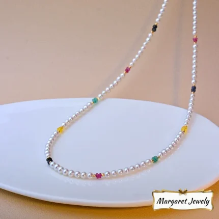 Akoya Pearl Choker with Color Gemstones in 18K Gold, Feminine Minimalist Boutique Design