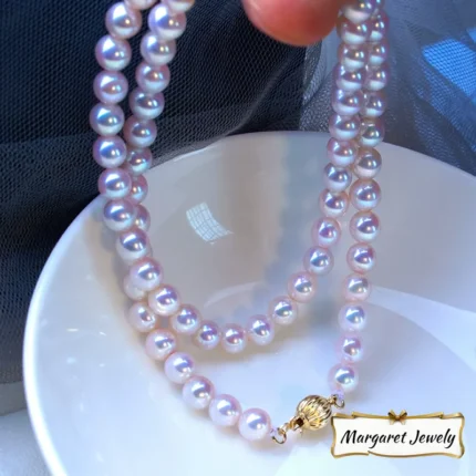Akoya Pearl Strand Lariat Necklace, White Pearls with Pink Overtone, Near-Flawless Round Pearls and 14K Gold Clasp